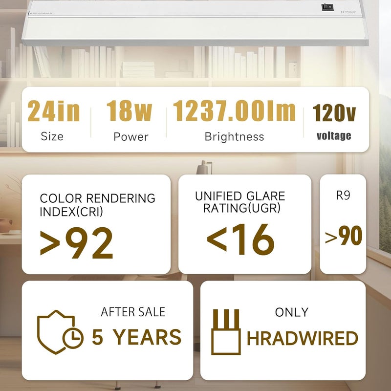 Ansen Hardwired Under Cabinet Lighting, 24in 18W LED Light for Kitchen/Closet, 1237lm, CRI>92, R9>90, 3 Color Temperature, Dimmable, 3000K/4000K/5000K(Warm White, Cool White, Daylight) - Image 2